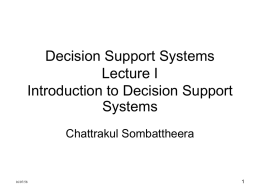 Lecture I Introduction to Decision Support Systems