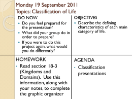 Week 3: September 19-23 Topics: Classification of Life
