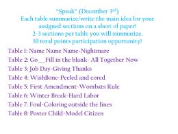 Speak” (December 3rd) Each table summarize/write the main