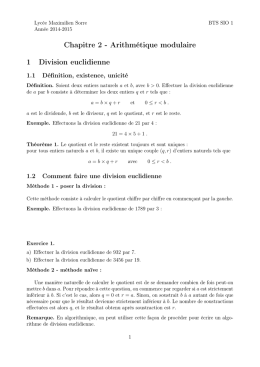 Chapitre 2 - Arithmétique modulaire 1 Division euclidienne