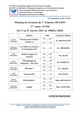 Planning des Examens du 1 Semestre 2014
