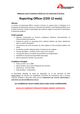 Reporting Officer (CDD 12 mois) - Médecins Sans Frontières Suisse
