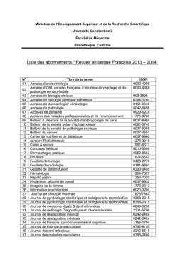 Liste des abonnements “ Revues en langue Française 2013 – 2014“