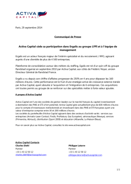 Activa Capital cède sa participation dans Ergalis au groupe LFPI et