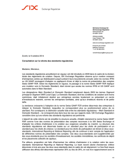 Zurich, le 9 octobre 2014 Consultation sur la refonte des standards