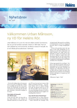 Nyhetsbrev Välkommen Urban Månsson, ny VD för Heléns Rör.