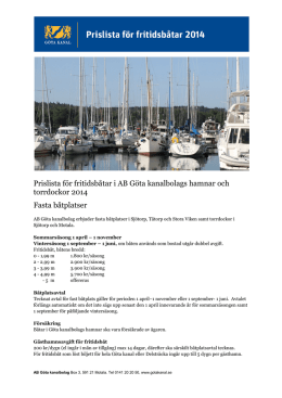 Prislista för fritidsbåtar i AB Göta kanalbolags hamnar och torrdockor
