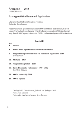 Årgång 53 2013 Årsrapport från Hammarö fågelstation Innehåll