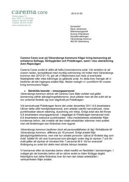 Carema Cares svar till Vänersborgs kommun