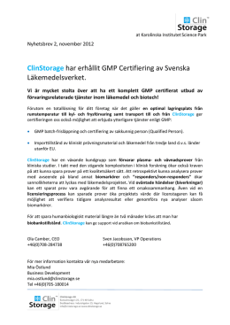 ClinStorage har erhållit GMP Certifiering av Svenska