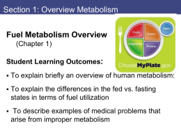 Section 1: Overview Metabolism Fuel Metabolism Overview (Chapter 1) Student Learning Outcomes:   To explain briefly an overview of human metabolism:    To explain the differences in.
