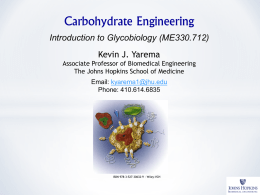 Carbohydrate Engineering Introduction to Glycobiology (ME330.712) Kevin J. Yarema Associate Professor of Biomedical Engineering The Johns Hopkins School of Medicine Email: kyarema1@jhu.edu Phone: 410.614.6835  ISBN 978-3-527-30632-9 -