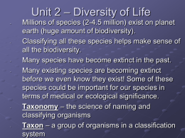 Unit 2 – Diversity of Life -  -  -  -  -  Millions of species (2-4.5 million) exist on planet earth (huge amount of biodiversity). Classifying all these species.