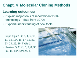 Chapt. 4 Molecular Cloning Methods Learning outcomes: • Explain major tools of recombinant DNA technology – date from 1970s • Expand understanding of new.