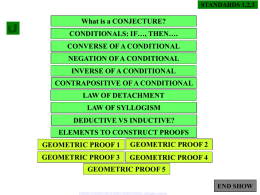 STANDARDS 1,2,3  What is a CONJECTURE? CONDITIONALS: IF…, THEN…. CONVERSE OF A CONDITIONAL NEGATION OF A CONDITIONAL INVERSE OF A CONDITIONAL CONTRAPOSITIVE OF A CONDITIONAL  LAW OF.