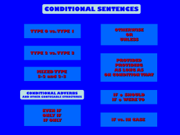 CONDITIONAL SENTENCES  TYPE 0 vs. TYPE 1  OTHERWISE OR UNLESS  TYPE 2 vs. TYPE 3  MIXED TYPE 3-2 and 2-3  CONDITIONAL ADVERBS AND OTHER CONFUSABLE STRUCTURES  EVEN IF ONLY IF IF ONLY  PROVIDED PROVIDING AS.