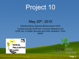 Project 10 May 20th, 2010 Interdisciplinary Capacity Enhancement (ICE) Funding through CIHR Inst.
