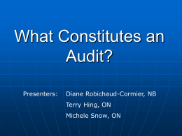 What Constitutes an Audit? Presenters:  Diane Robichaud-Cormier, NB Terry Hing, ON Michele Snow, ON What is an Audit? IFTA &ndash; R209 IRP &ndash; Article II &ndash; 262