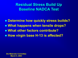 Residual Stress Build Up Baseline NADCA Test Determine how quickly stress builds?  What happens when tensile drops?  What other factors contribute?  How.