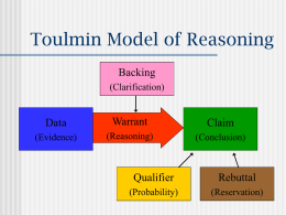 Toulmin Model of Reasoning Backing (Clarification)  Data  Warrant  Claim  (Evidence)  (Reasoning)  (Conclusion)  Qualifier  Rebuttal  (Probability)  (Reservation)   FIP Argument  Data: Remo stayed at the vet’s with kidney failure & soon returned to die of FIP.  Backing: Immune systems protect from disease. Warrant: A cat with.
