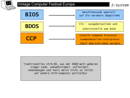 Z-System  BIOS  Maschinencode speziell auf die Hardware abgestimmt  BDOS  Ein - Ausgaberoutinen und  CCP  Schnittstelle zum BIOS Console Command Processor Kommandozeilen-Interpreter (darf überschrieben werden)  Traditionelles CP/M-80, aus der 8080-Welt geboren träger.