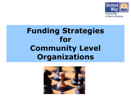 Funding Strategies for Community Level Organizations   Environment • Most competition ever at all levels - 5,000 licensed charities in NC - Church based preschool raising $ - UNC at Chapel Hill.