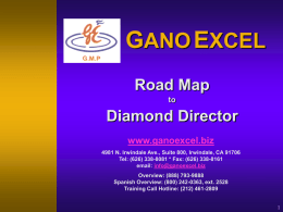 GANO EXCEL Road Map to  Diamond Director www.ganoexcel.biz 4981 N. Irwindale Ave., Suite 800, Irwindale, CA 91706 Tel: (626) 338-8081 * Fax: (626) 338-8161 email: info@ganoexcel.biz Overview: (888)
