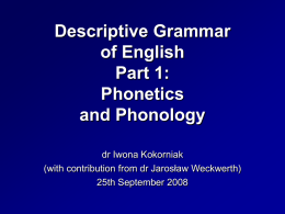 Descriptive Grammar of English Part 1: Phonetics and Phonology dr Iwona Kokorniak (with contribution from dr Jarosław Weckwerth) 25th September 2008   English nasals: Voicing  All voiced!   The nasals /m/ voiced bilabial.