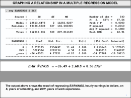 GRAPHING A RELATIONSHIP IN A MULTIPLE REGRESSION MODEL . reg EARNINGS S EXP Source | SS df MS -------------+-----------------------------Model | 22513.6473 2 11256.8237 Residual | 89496.5838 537 166.660305 -------------+-----------------------------Total |