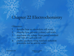 Chapter 22 Electrochemistry Objectives: 1. describe how an electrolytic cell works 2. describe how galvanic (voltaic) cell works 3.