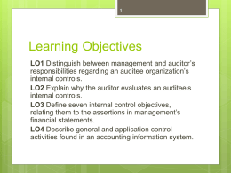 Learning Objectives LO1 Distinguish between management and auditor’s responsibilities regarding an auditee organization’s internal controls. LO2 Explain why the auditor evaluates an auditee’s internal controls. LO3