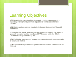 Learning Objectives LO1 Describe the current audit environment, including developments in regulatory oversight and provincial regulation of public accountants in Canada. LO2 List the.