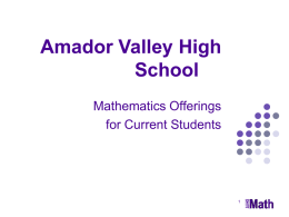 Amador Valley High School Mathematics Offerings for Current Students   Meeting the typical College Entrance Requirements  Math 1  Math 2  Algebra 1  Geometry  Math 3  Math 4  Intermediate  Algebra Going beyond …  Honors  Honors Int.  Geometry  Algebra  Computer  Problem Solving  Science   Beyond the typical College.