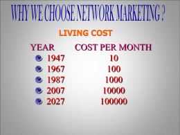 LIVING COST  YEAR19672007 COST PER MONTH10010000 History of MLM  SUCCESS RATIO  80% - FLOP 15% - SATISFIED What it is? 3% - EARN 10% to 20% Money Circulation 2% - EXAMPLE Product.