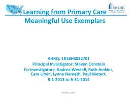 Learning from Primary Care Meaningful Use Exemplars  AHRQ: 1R18HS022701 Principal Investigator: Steven Ornstein Co-investigators: Andrea Wessell, Ruth Jenkins, Cara Litvin, Lynne Nemeth, Paul Nietert, 9-1-2013 to.
