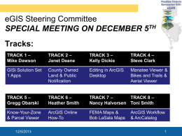 eGIS Steering Committee SPECIAL MEETING ON DECEMBER 5TH Tracks: TRACK 1 – Mike Dawson  TRACK 2 – Janet Deane  TRACK 3 – Kelly Dickie  TRACK 4 – Steve Clark  GISi Solution.