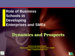 Role of Business Schools in Developing Enterprises and SMEs  Dynamics and Prospects Mohammad Sajjad Moghal Team Leader Private Sector Development - USAID Sajjad_moghal@hotmail.com.