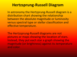 Hertzsprung-Russell Diagram In astronomy the Hertzprung-Russell diagram is a distribution chart showing the relationship between the absolute magnitude or luminosity versus spectral type or.