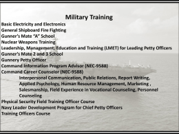 Military Training Basic Electricity and Electronics General Shipboard Fire Fighting Gunner’s Mate “A” School Nuclear Weapons Training Leadership, Management, Education and Training (LMET) for Leading.