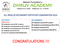 ALL INDIA SR SECONDARY CERTIFICATE EXAMINATION 2014 XII SCIENCE – 100% Pass 03 students scored 90 % above 05 students scored between 85 to.