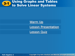 Using Graphs and Tables Using Graphs and Tables 3-1 3-1 to Solve Linear Systems to Solve Linear Systems  Warm Up  Lesson Presentation Lesson Quiz  Holt Algebra Holt Algebra  3-1  Using Graphs and Tables to Solve Linear Systems  Warm Up  Use substitution to.