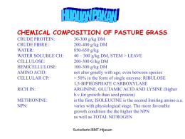 CHEMICAL COMPOSITION OF PASTURE GRASS CRUDE PROTEIN: CRUDE FIBRE: WATER: WATER SOLUBLE CH: CELLULOSE: HEMICELLULOSE: AMINO ACID: CELLULAR CP: RICH IN: METHIONINE: NPN:  30-300 g/kg DM 200-400 g/kg DM 850-650 g/kg 40 – 300 g/kg.