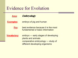 Evidence for Evolution Area: Examples: Pro:  Vocabulary:  Embryology embryo of pig and human best evidence because it is the most fundamental or basic information embryo — early stages of.