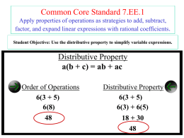 Common Core Standard 7.EE.1 Apply properties of operations as strategies to add, subtract, factor, and expand linear expressions with rational coefficients. Student Objective: