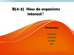 B(4-3) How do organisms interact? Vocabulary competion symbiosis parasite host  Copyright © Houghton Mifflin Harcourt Publishing Company   Limiting factors – competition for resources • Organism compete for space, light, food, water, and.