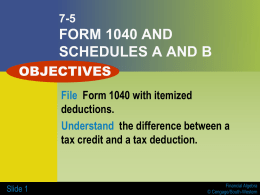 7-5  FORM 1040 AND SCHEDULES A AND B OBJECTIVES File Form 1040 with itemized deductions. Understand the difference between a tax credit and a tax deduction.  Slide 1  Financial.