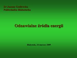 Dr Joanna Godlewska Politechnika Białostocka  Odnawialne źródła energii  Białystok, 24 marzec 2009   Plan wystąpienia 1.