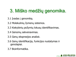 3. Miško medžių genomika. 3.1 Įvadas į genomiką. 3.2 Molekulinių žymenų sistemos. 3.3 Kiekybinių požymių lokusų identifikavimas. 3.4 Genomų sekvenavimas. 3.5 Genų ekspresijos analizė.  3.6 Genų.