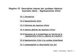 Chapitre VI :Description interne des systèmes linéaires invariants (SLI) - Représentation d’état VI-1 Introduction VI-2 Représentation d’état VI-3 Obtention des équations d’états VI-4 Solution générale.
