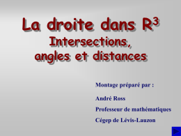 La droite dans R  Intersections, angles et distances  Montage préparé par : André Ross Professeur de mathématiques Cégep de Lévis-Lauzon   Introduction Dans cette présentation, nous verrons comment utiliser les vecteurs.